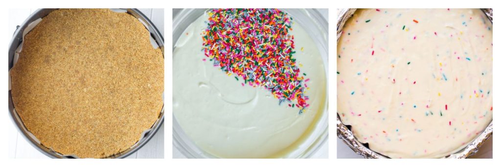collage of how to make funfetti cheesecake