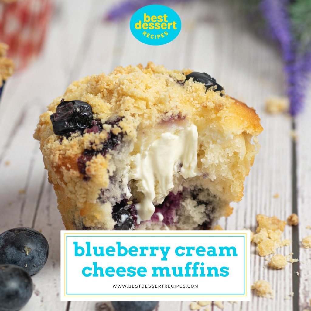 blueberry muffin cut in half with text overlay for facebook