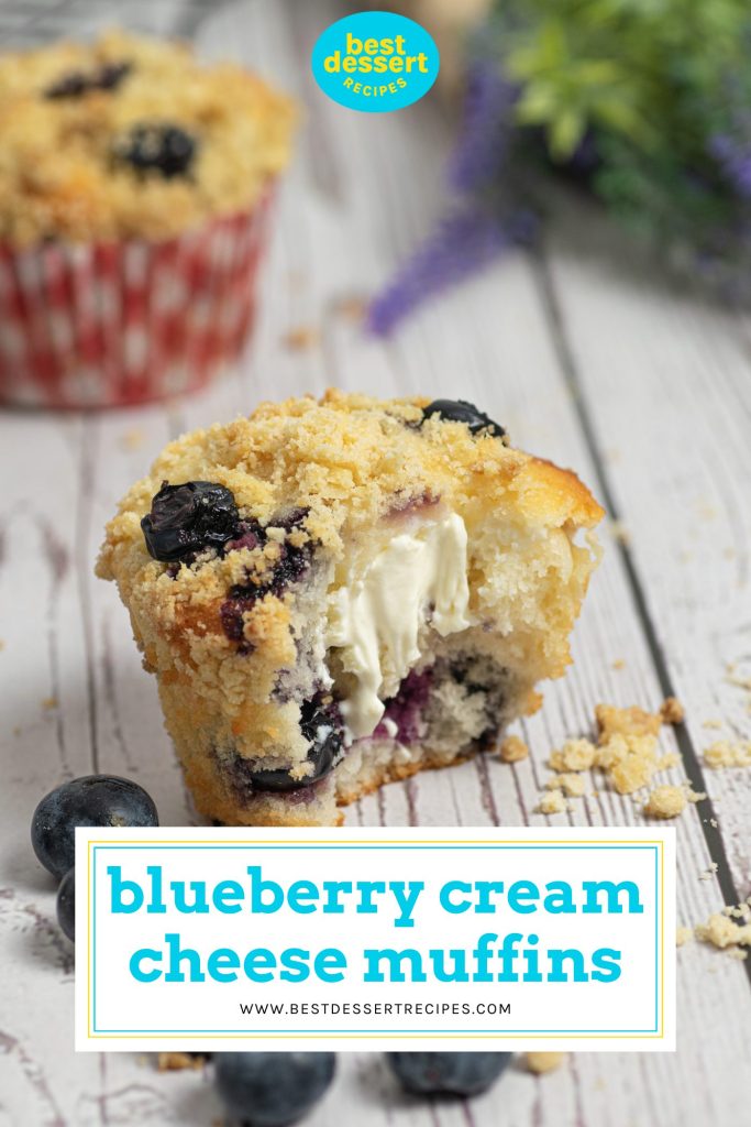 blueberry cream cheese muffin cut in half with text overlay for pinterest