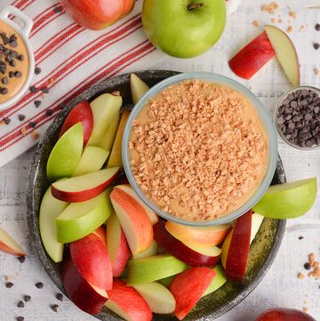 tray of caramel apple dip with apples