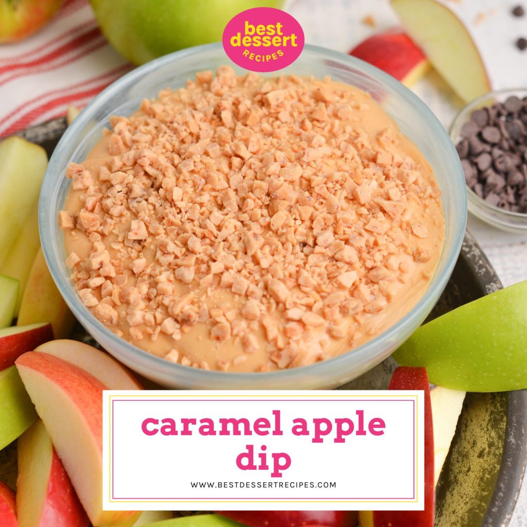 close up of bowl of caramel apple dip with text overlay for facebook
