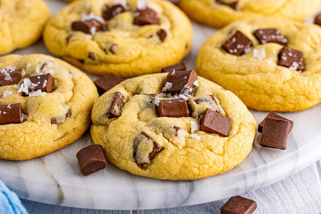 close up of tray of chocolate chunk cookies