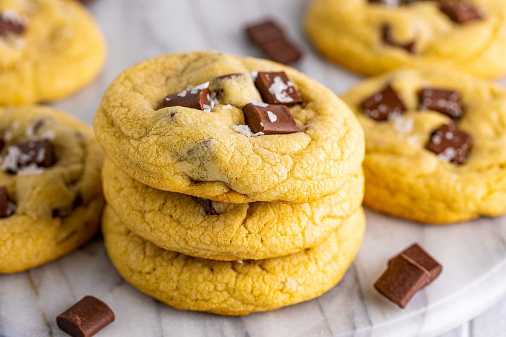 stack of three chocolate chunk cookies