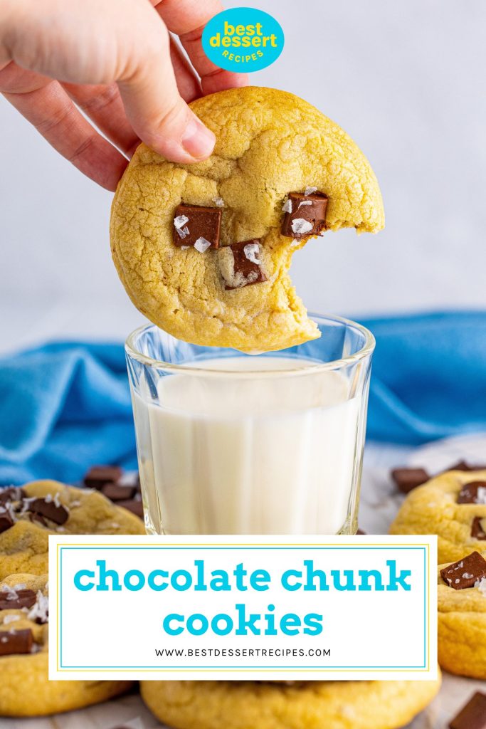 cookie dunking into milk with text overlay for pinterest