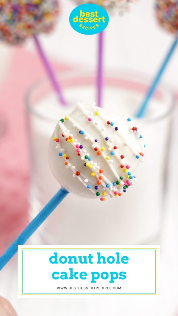 one cake pop with text overlay for pinterest