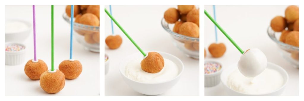 collage of how to make donut hole cake pops