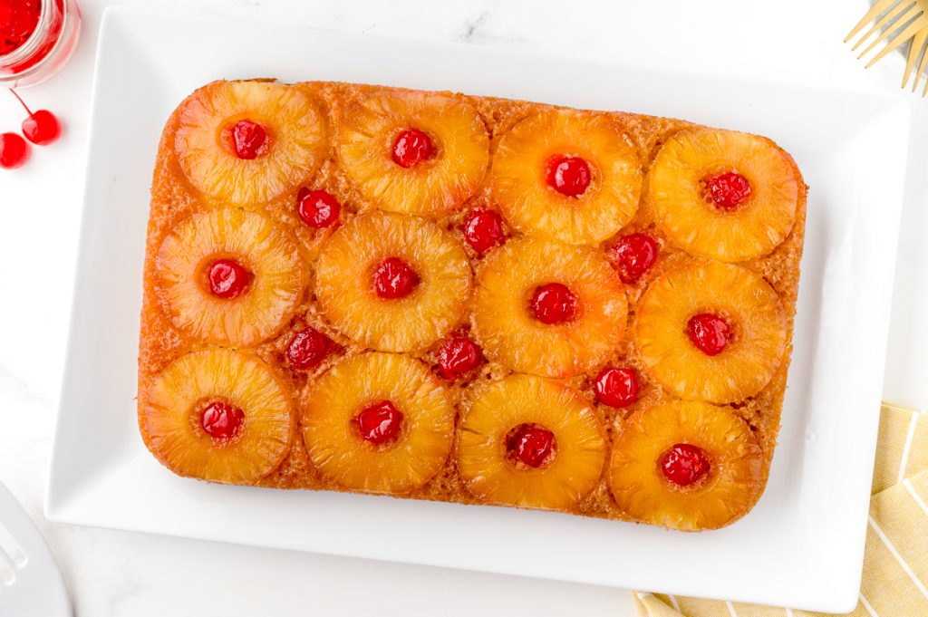 overhead shot of angled pineapple upside down cake