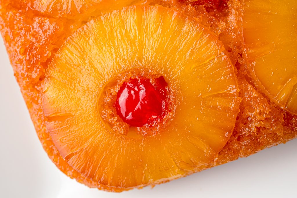 close up of pineapple upside down cake