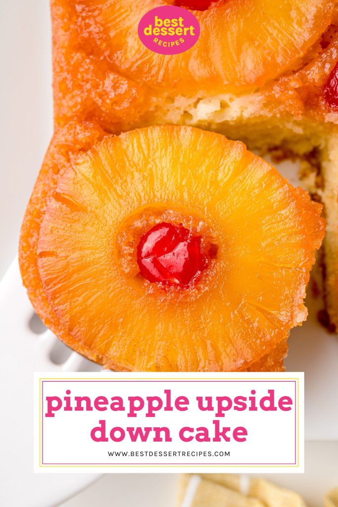 slice of pineapple upside down cake on a spatula with text overlay for pinterest