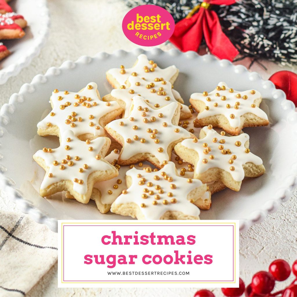 white christmas cookies on a plate with text overlay for facebook