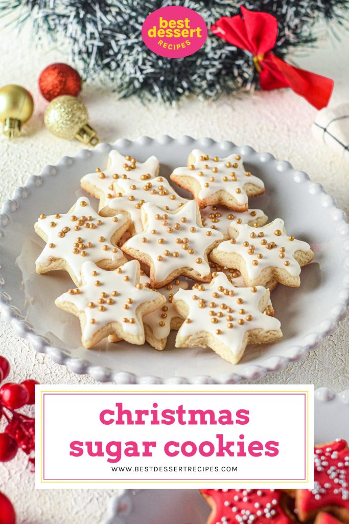 plate of christmas sugar cookies with text overlay for facebook