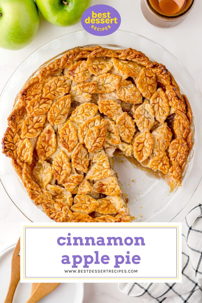 slice taken out of cinnamon apple pie with text overlay for pinterest