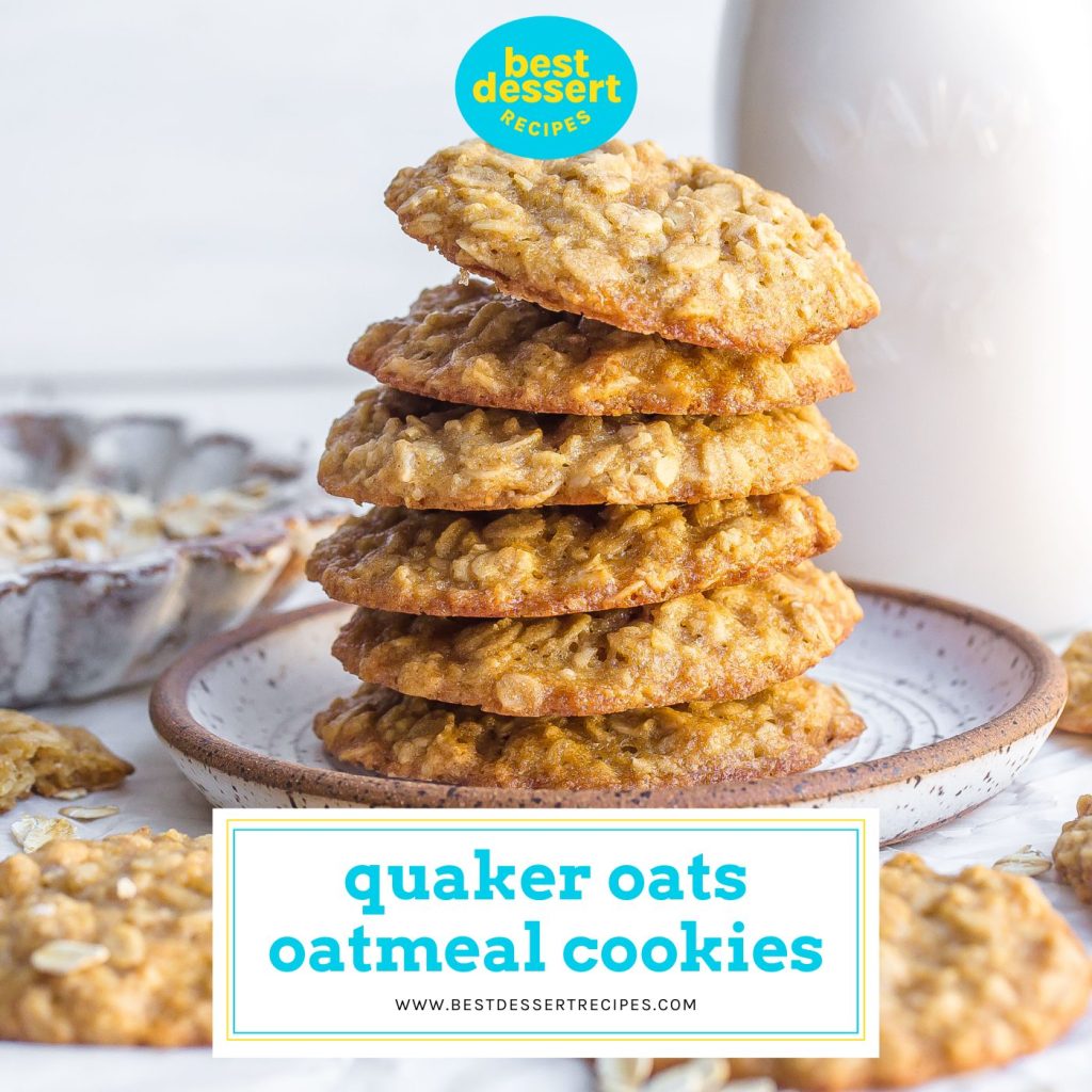 stack of quaker oats oatmeal cookies with text overlay for facebook