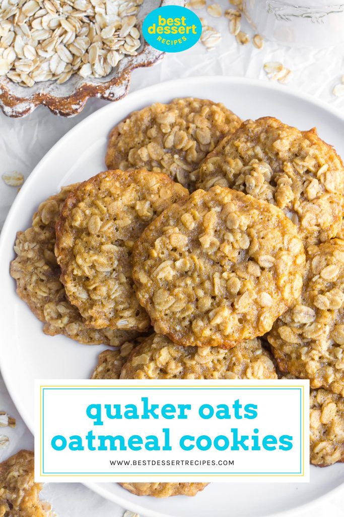overhead shot of plate of oatmeal cookies with text overlay for pinterest