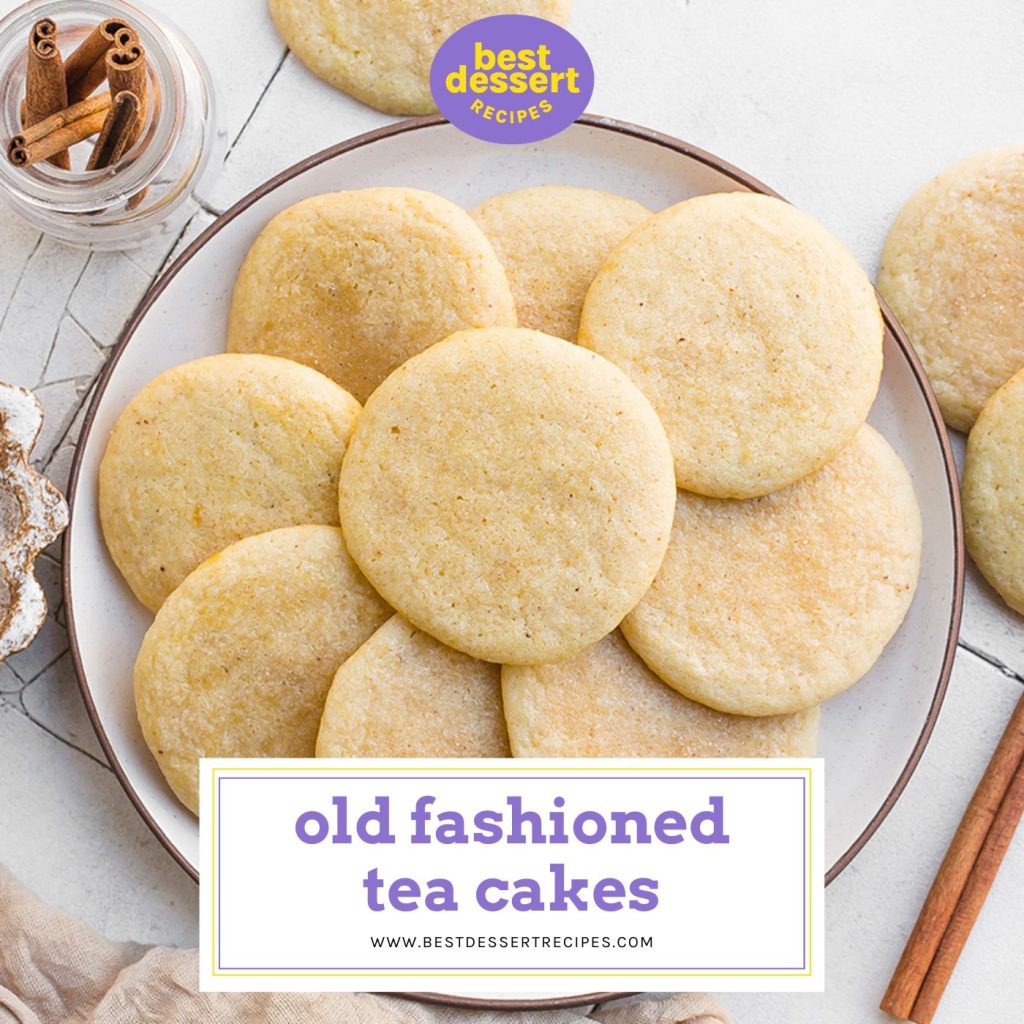 overhead shot of plate of tea cake cookies with text overlay for facebook