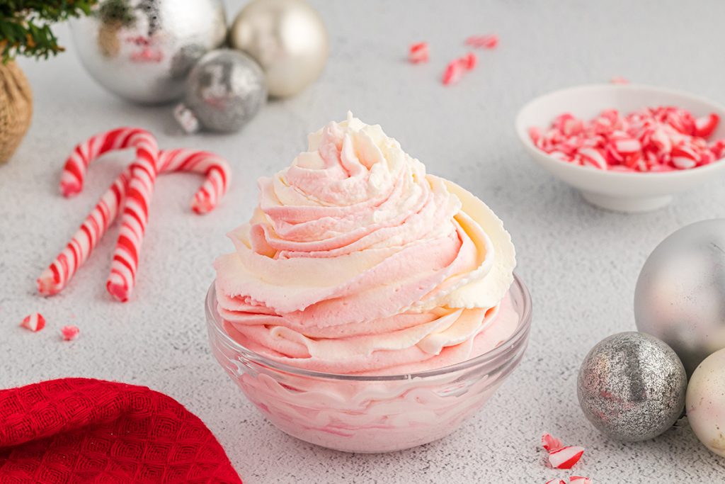glass bowl of peppermint whipped cream