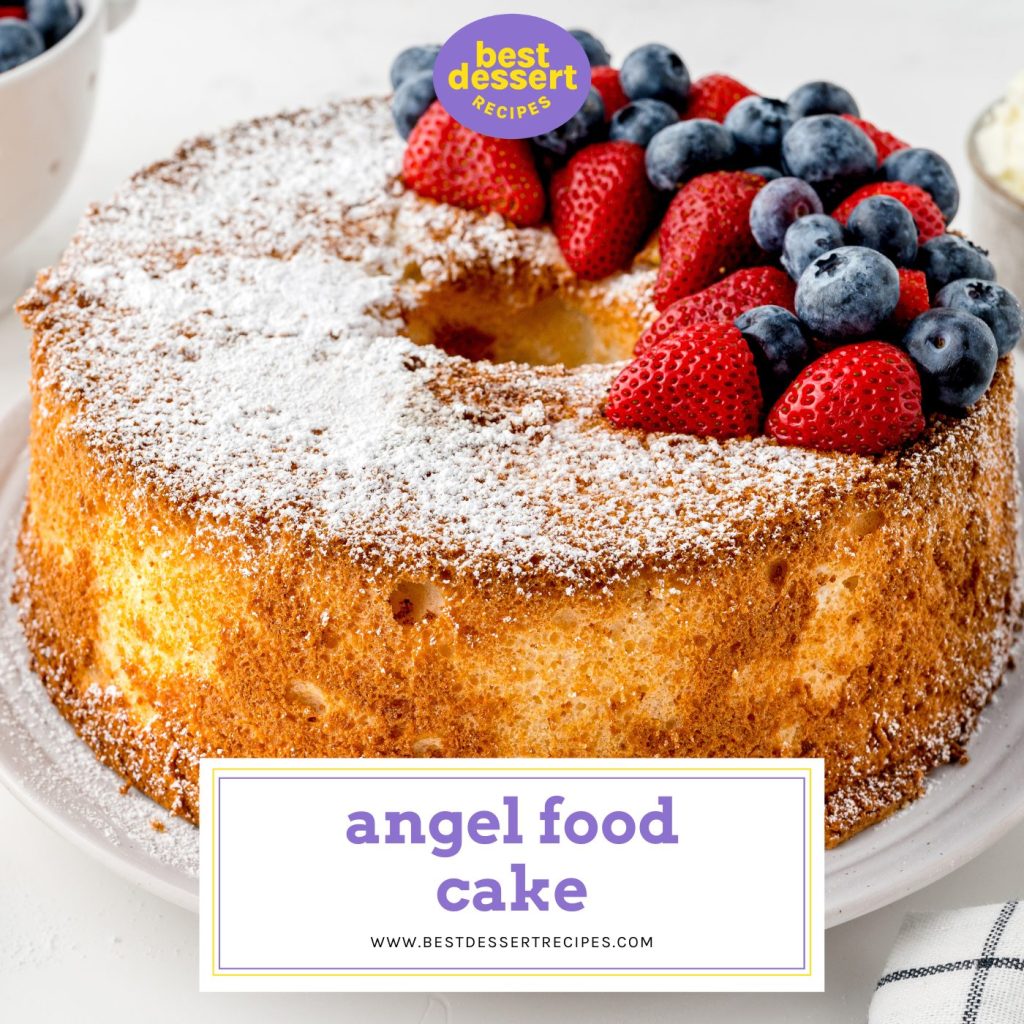 angled shot of angel food cake with text overlay for facebook