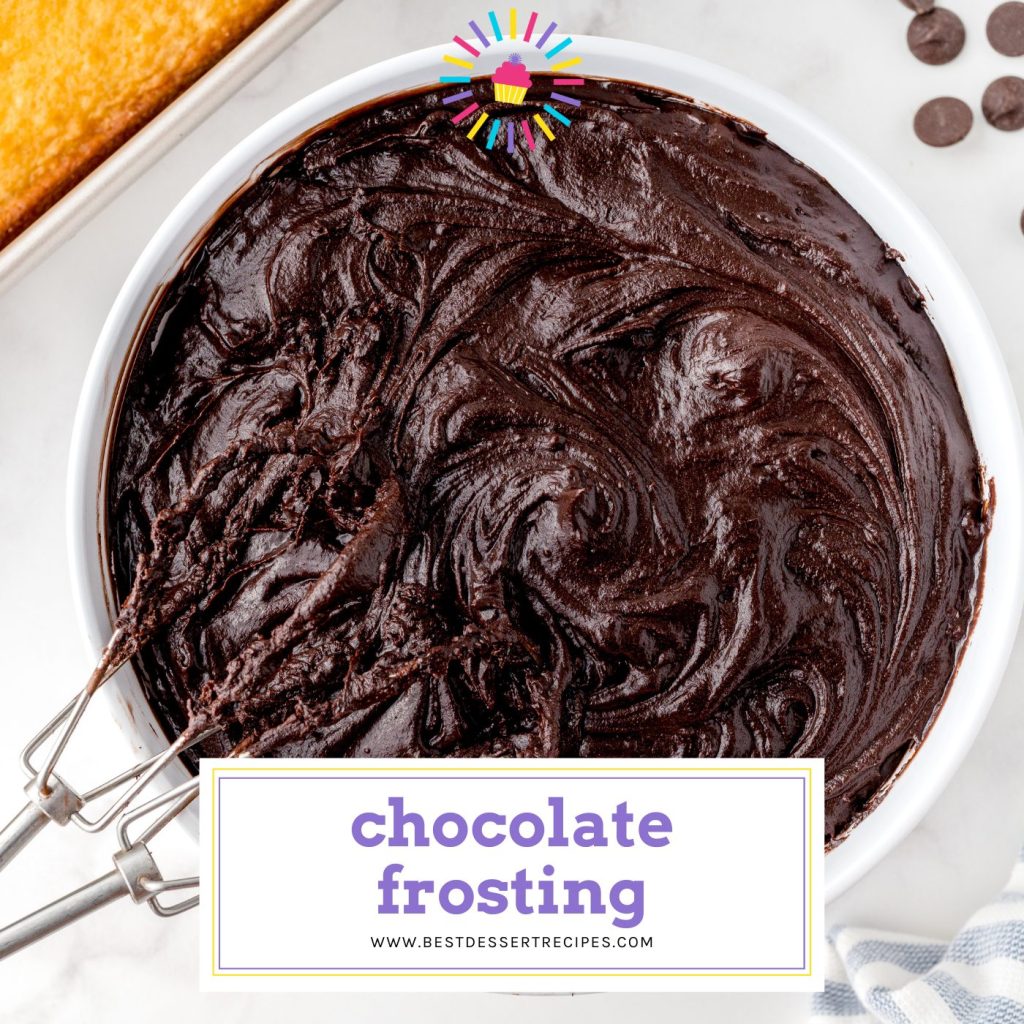 bowl of chocolate frosting with text overlay for facebook