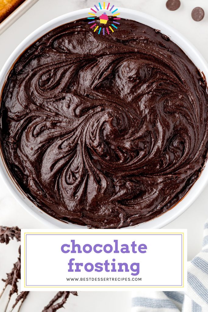 overhead shot of bowl of chocolate frosting with text overlay for pinterest