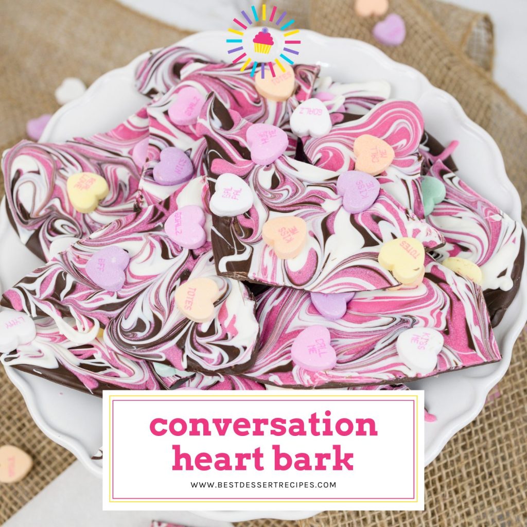 plate of conversation heart bark pieces with text overlay for facebook