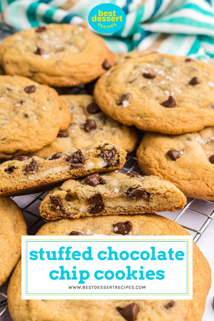 cream cheese stuffed chocolate chip cookies with text overlay for pinterest