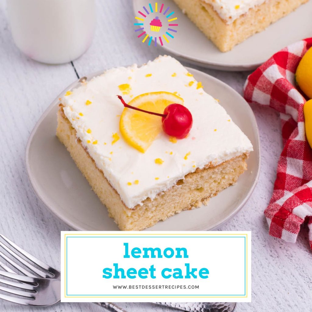 slice of lemon sheet cake on plate with text overlay for facebook