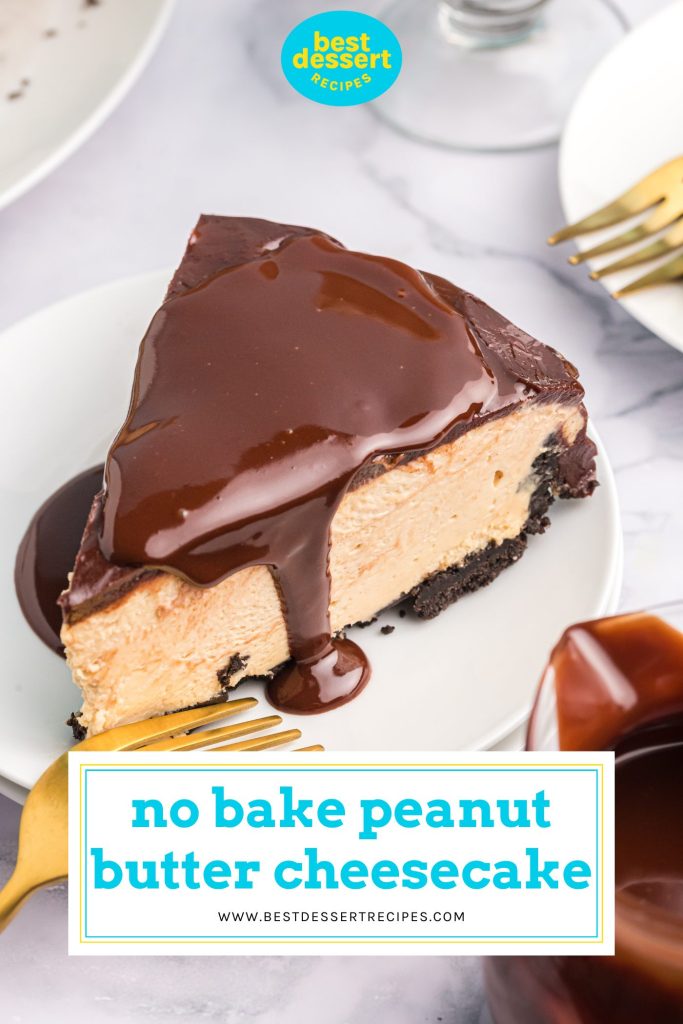 slice of peanut butter cheesecake with text overlay for pinterest