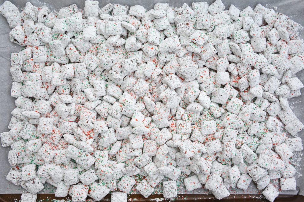 overhead shot of puppy chow on sheet pan