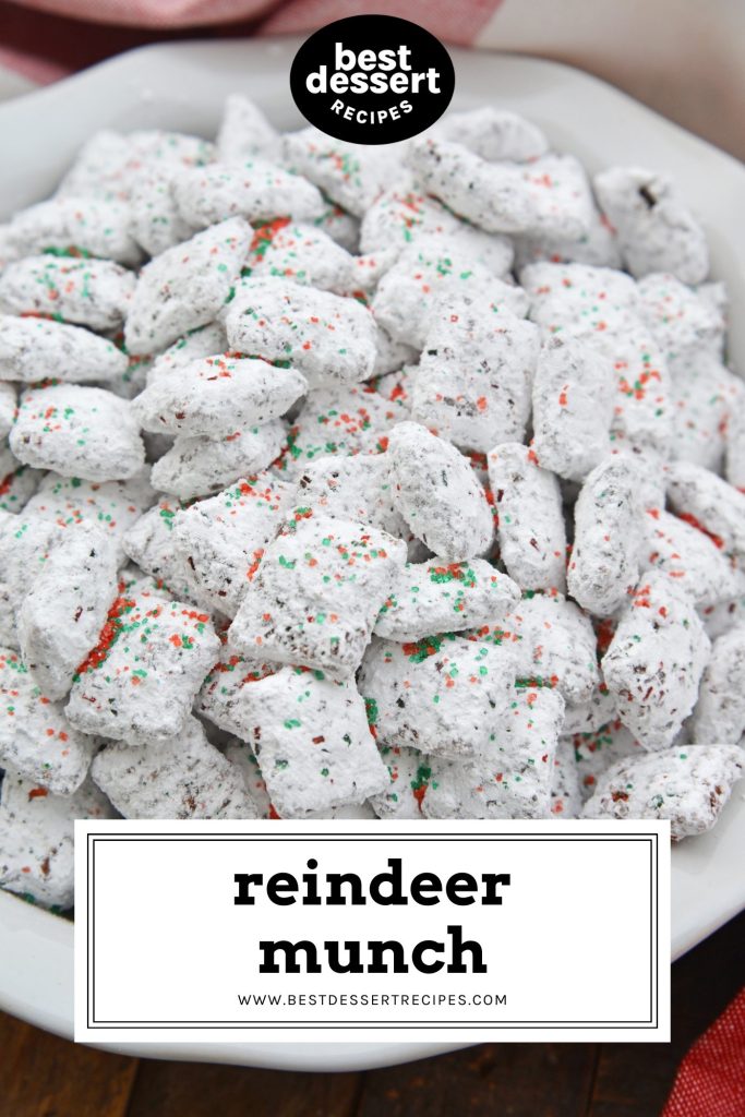 close up of bowl of reindeer munch with text overlay for pinterest