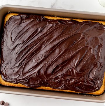 overhead shot of yellow sheet cake