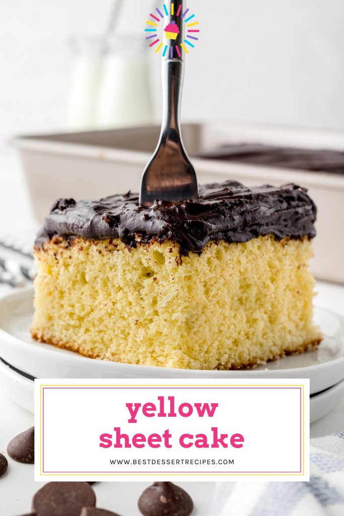 fork in slice of yellow sheet cake with text overlay for pinterest
