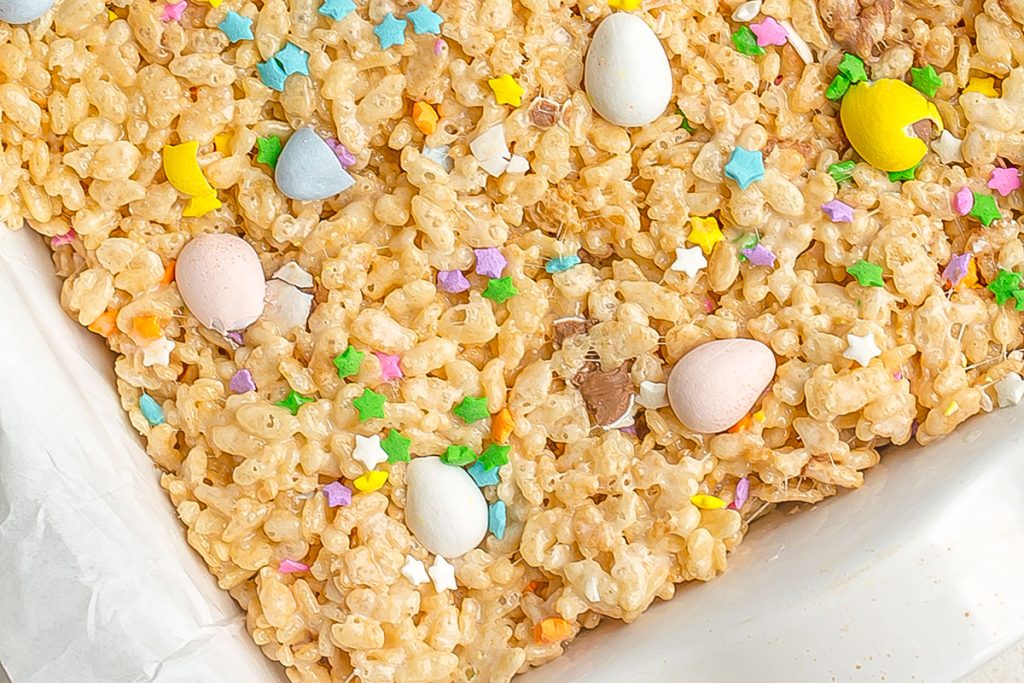 close up of rice krispie treats in a pan
