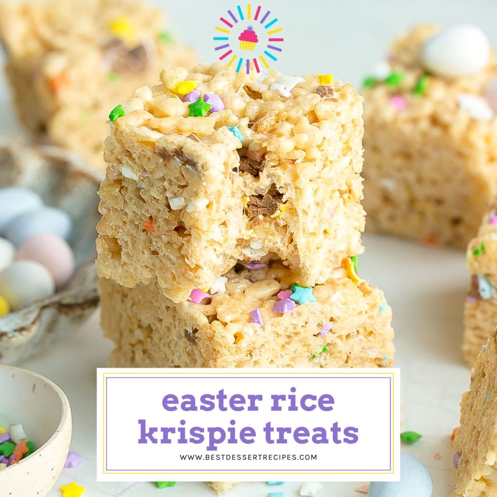 bite taken out of easter rice krispie treat with text overlay for facebook
