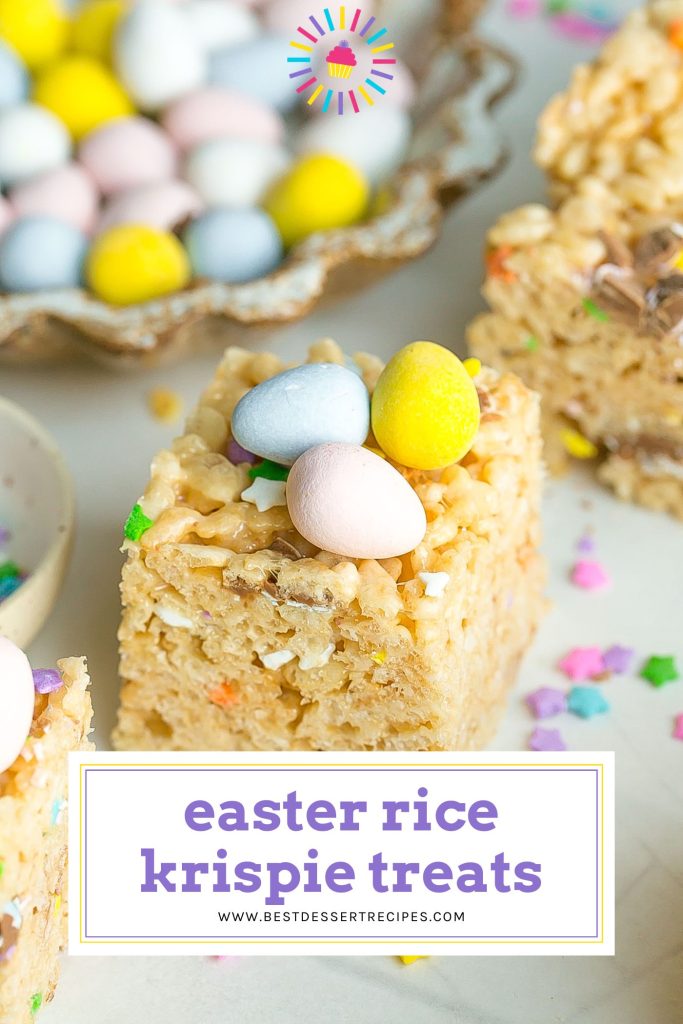 rice krispie treat topped with robin egg with text overlay for pinterest