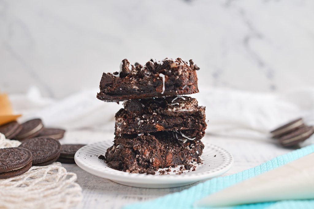 straight on shot of stack of oreo brownies