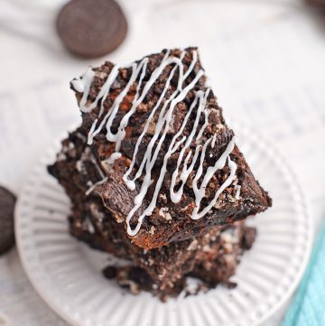 overhead shot of stack of oreo brownies