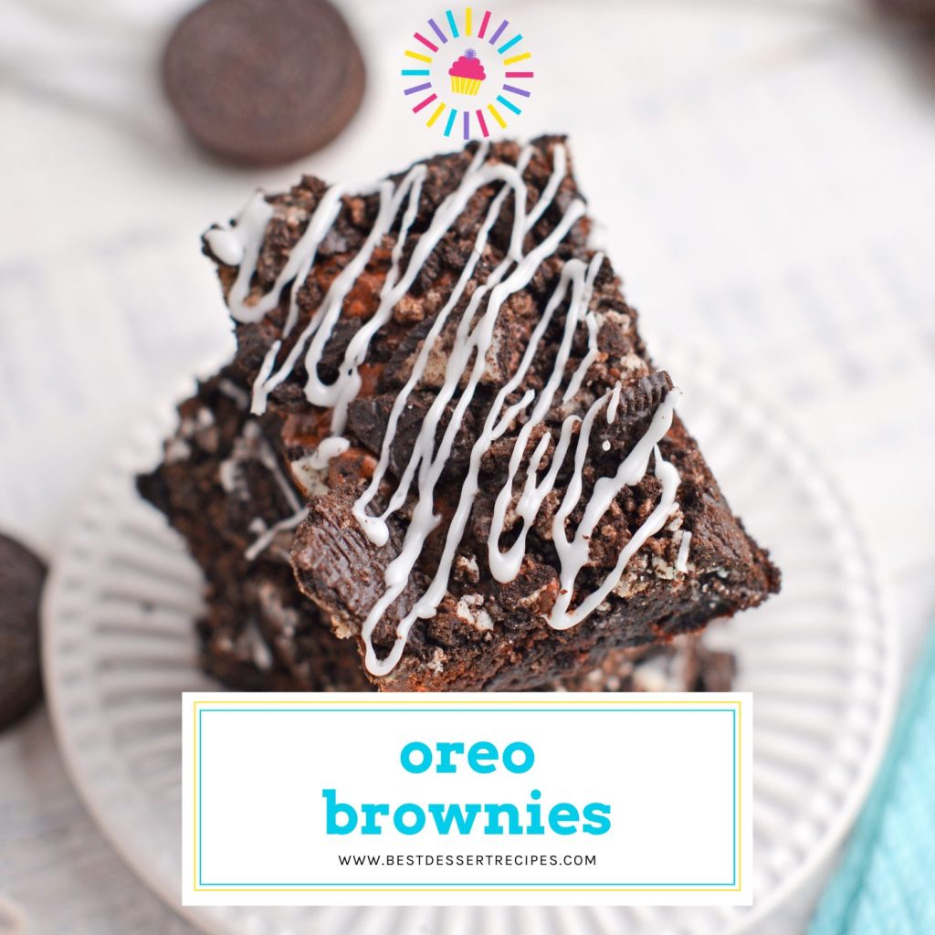 overhead shot of stack of oreo brownies with text overlay for facebook