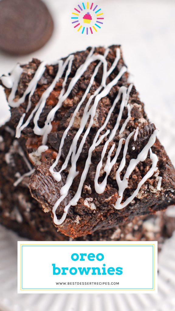 overhead shot of stack of oreo brownies with text overlay for pinterest