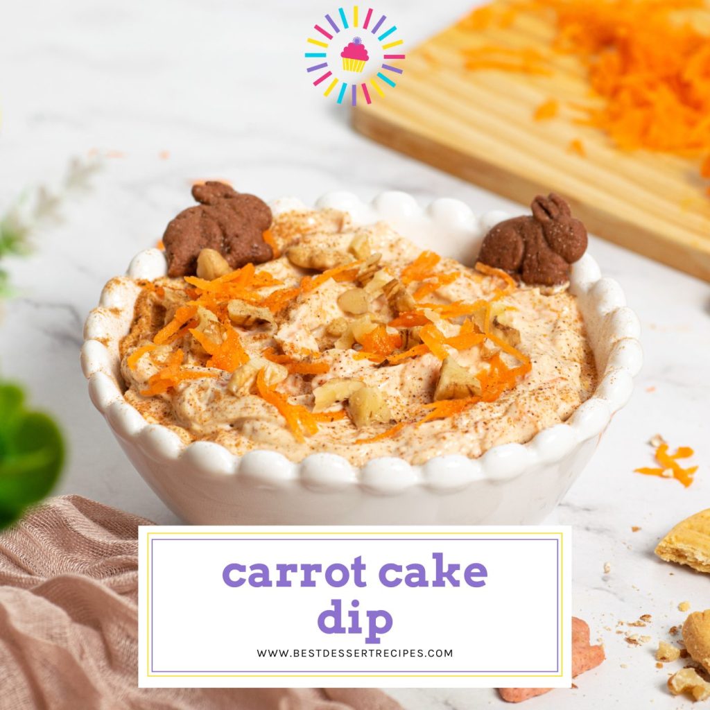 bowl of carrot cake dip with text overlay for facebook