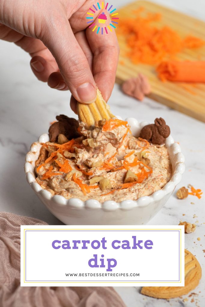 cookie dipping into carrot cake dip with text overlay for pinterest