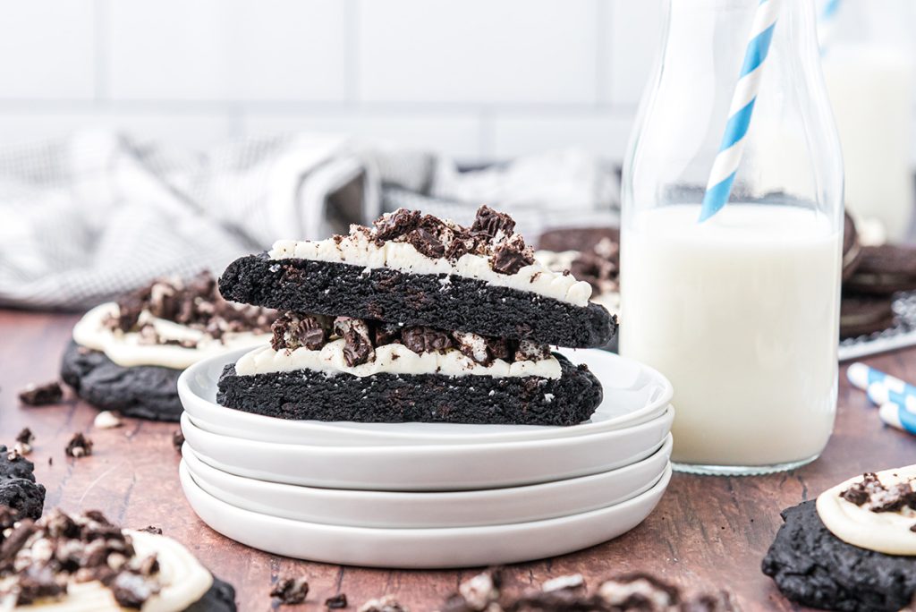 straight on shot of oreo cookie cut in half