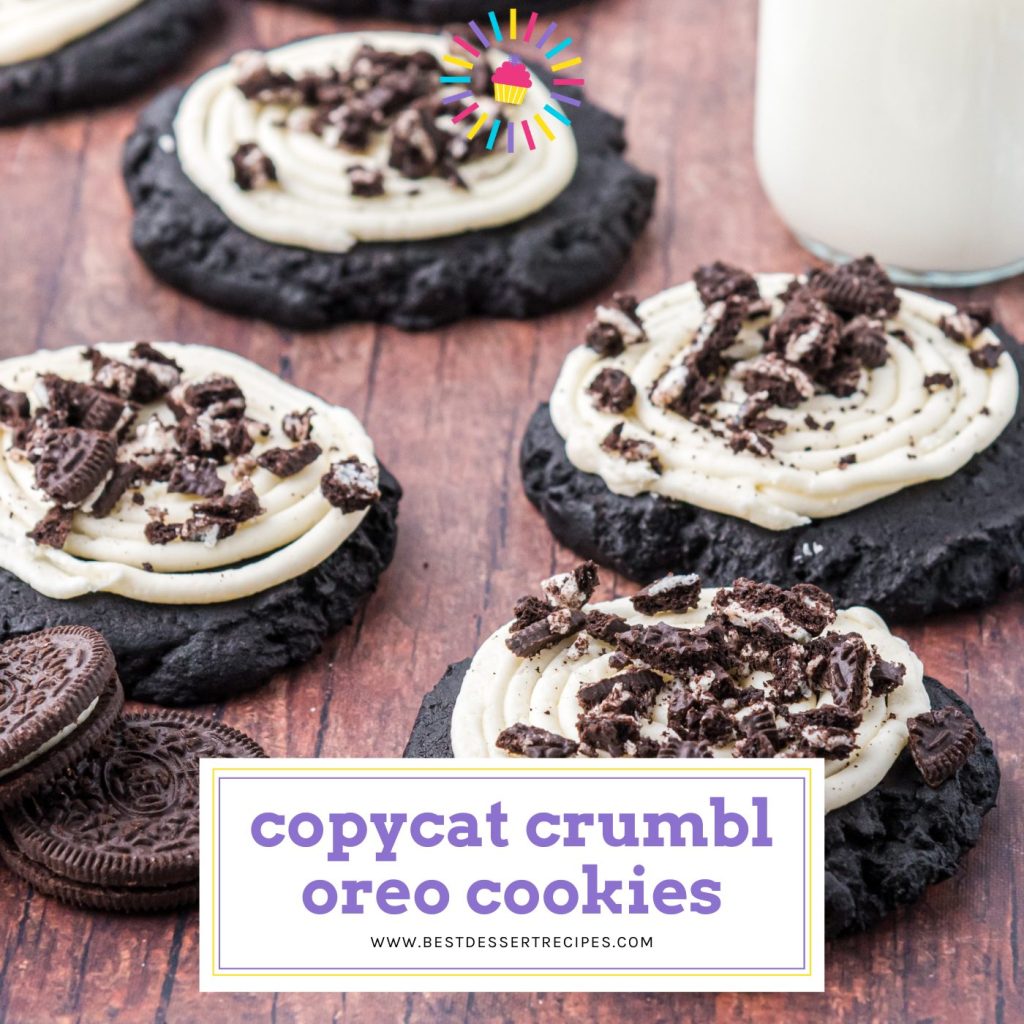 angled shot of copycat crumbl oreo cookies with text overlay for facebook