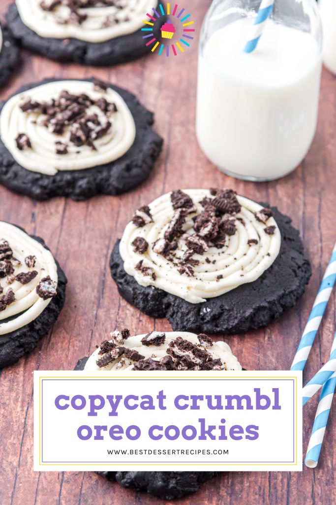 angled shot of copycat crumbl oreo cookies with text overlay for pinterest