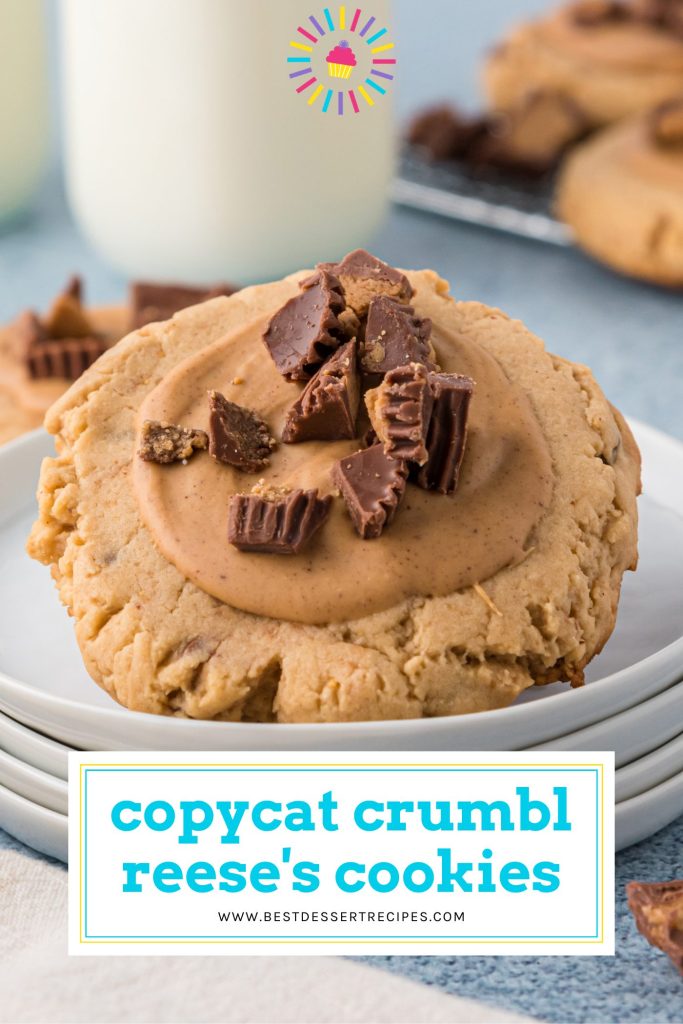 angled peanut butter cookie on a plate with text overlay for pinterest