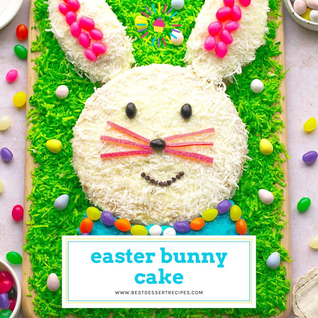 overhead shot of easter bunny cake with text overlay for facebook