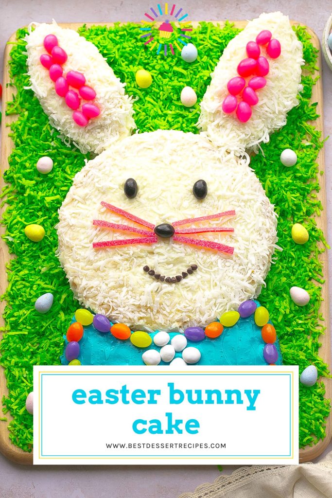overhead shot of easter bunny cake with text overlay for pinterest