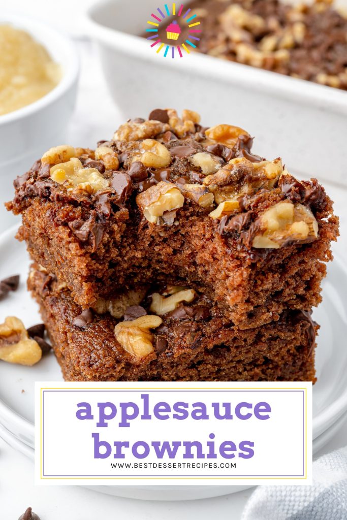 bite taken out of stack of applesauce brownies with text overlay for pinterest
