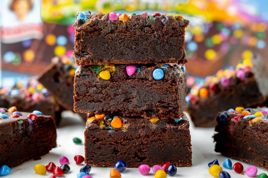 straight on shot of stack of three brownies