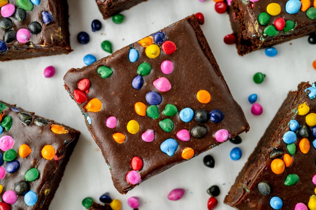 overhead shot of one brownie with sprinkles