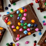 overhead shot of one brownie with sprinkles